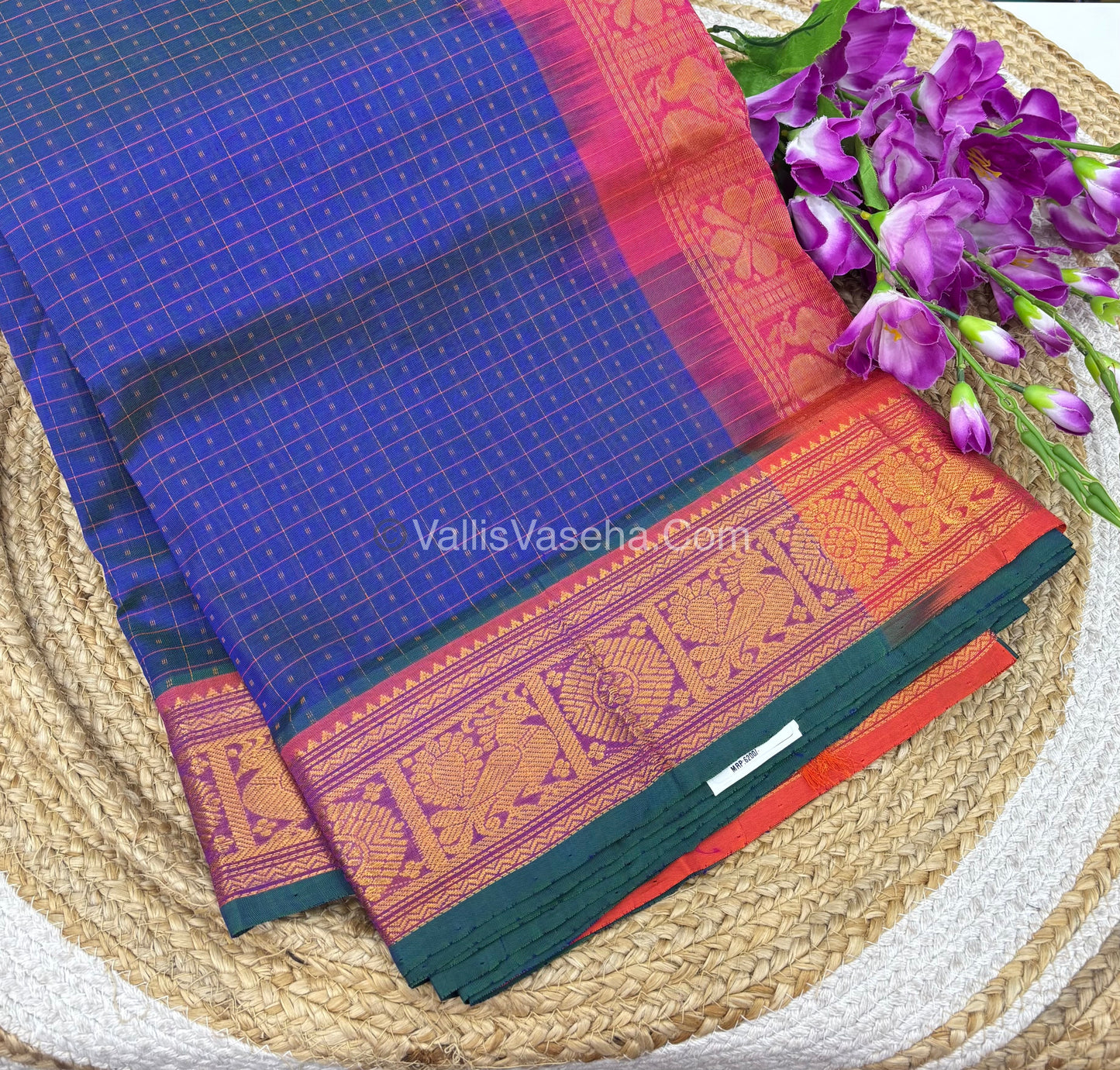 Pure Silk Cotton Saree - Blue With Peach Shade - Lakshadeepam Design - VVPLD001