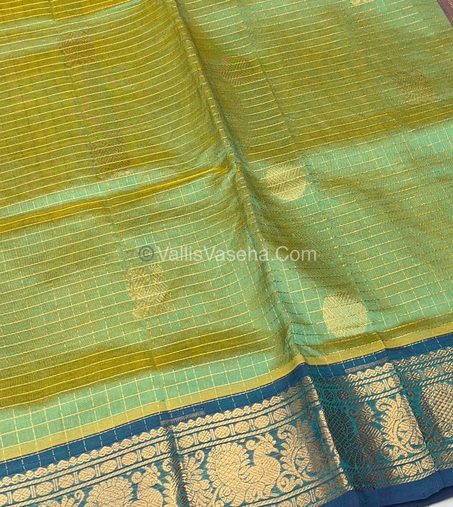 Pure Silk Cotton Saree - Mayil & Chakkaram Design - Green With Blue Shade - VVMC002