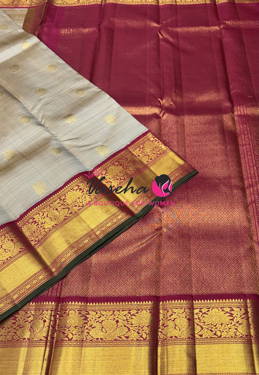 Pure Vintage Korvai Kanchipuram Silk Saree - Chikku & Maroon Combo - VVPS038