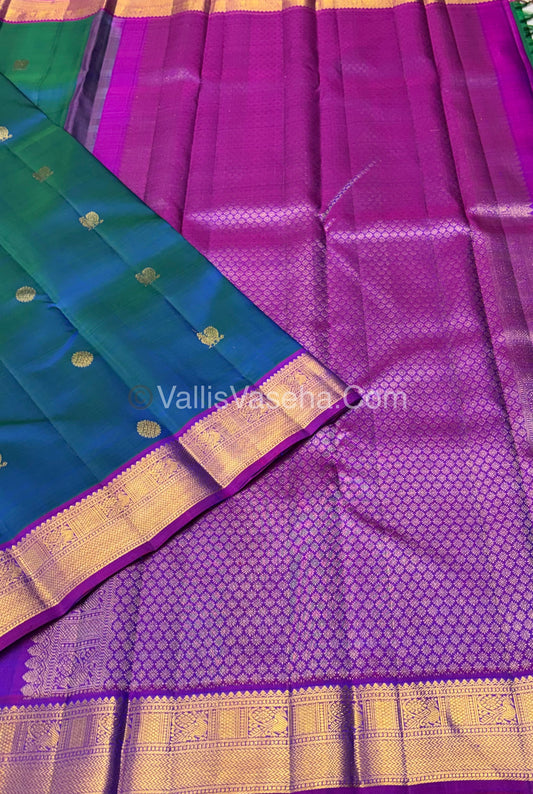 Pure Kanchipuram Silk Saree - Peacock Blue & Purple Combo - VVPS025