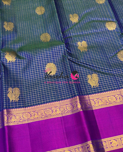Pure Kanchipuram Silk Saree - Peacock Blue & Purplish Pink Combo - VVPS037