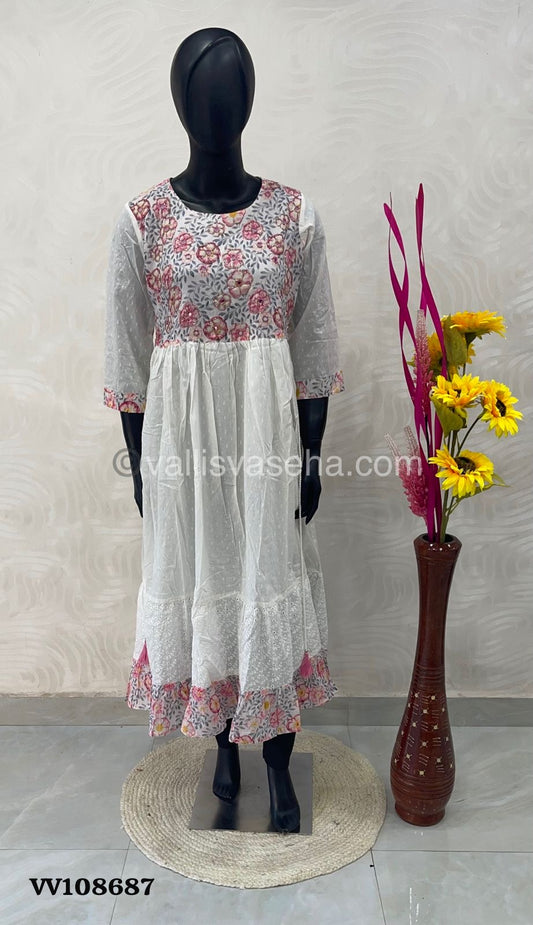 Ready Made - Long Floor Length Kurti - White with Pink Combo - VVRLG001