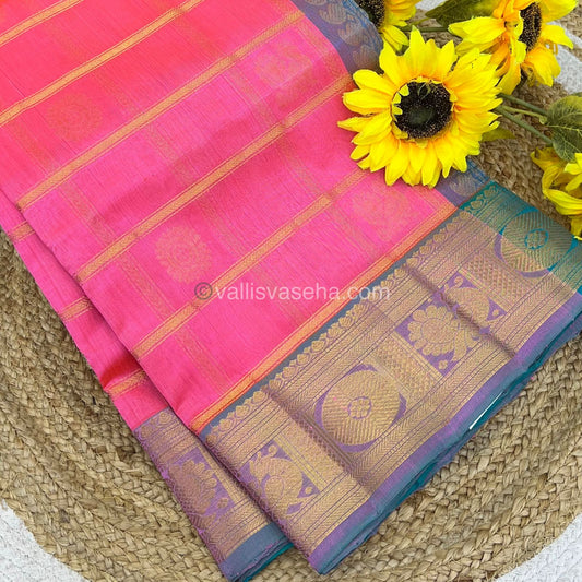 Pure Silk Cotton Saree - Mayil & Chakkaram Design - Peachish Pink With Blue Shade -VVMC003