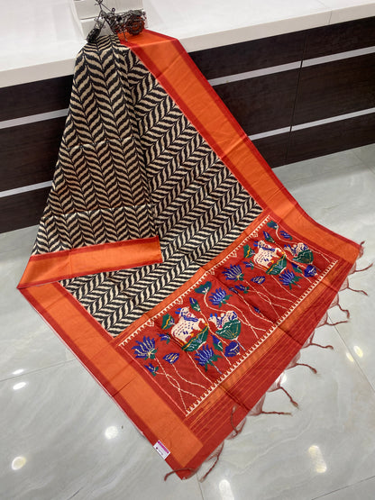 Art Tussar / Art Silk - Black & Maroonish Orange Shade - VVATS006