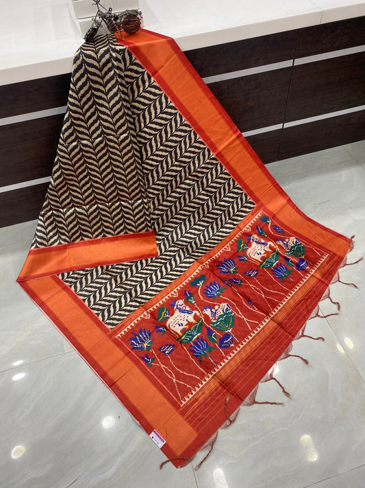 Art Tussar / Art Silk - Black & Maroonish Orange Shade - VVATS006