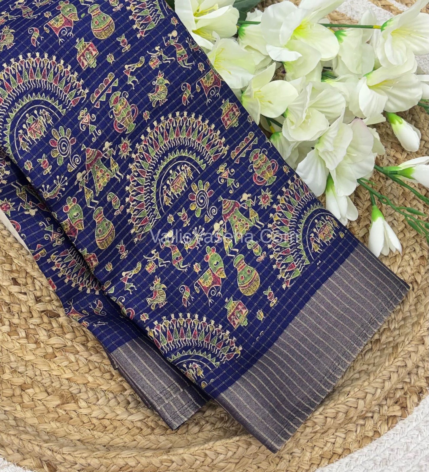 Light Weight Fancy Mixed Kota Cotton - Varli Design Printed Saree - violet Blue Shade - VVKPC001￼
