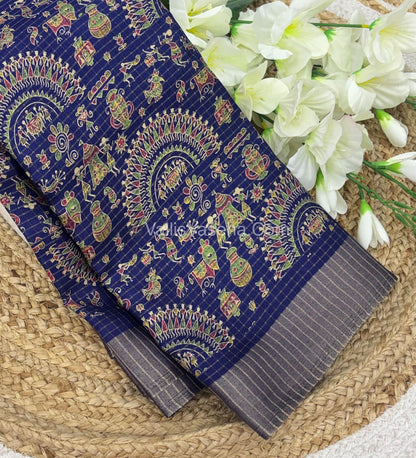 Light Weight Fancy Mixed Kota Cotton - Varli Design Printed Saree - violet Blue Shade - VVKPC001￼