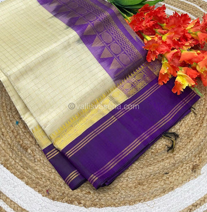 Pure Korvai Silk Cotton - Retta Petta Border - Cream( Half White )with Purple Combo - VVKSC010