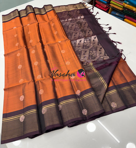 Half Mixed  Soft Silk Saree - (1.75 warp) Rust Orange & Wine Brown - VVPSS090