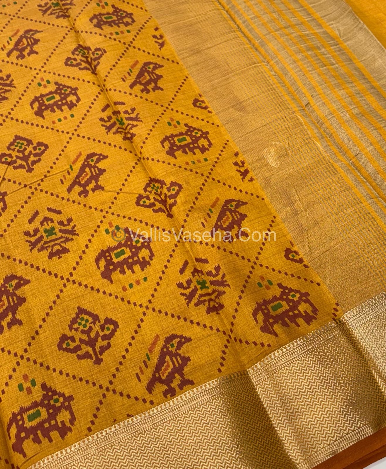 Semi Tussar Silk Saree - Ikkat / Pochampally Design - Mustard Yellow Shade - VVSTS034