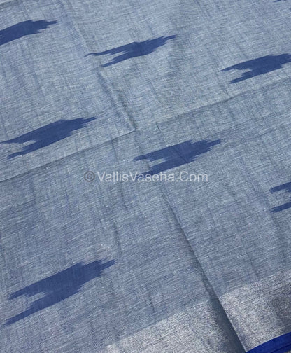 Bhagalpuri Linen Cotton Saree - Ikkat Print - Grey With Blue Shade - VVBLC001