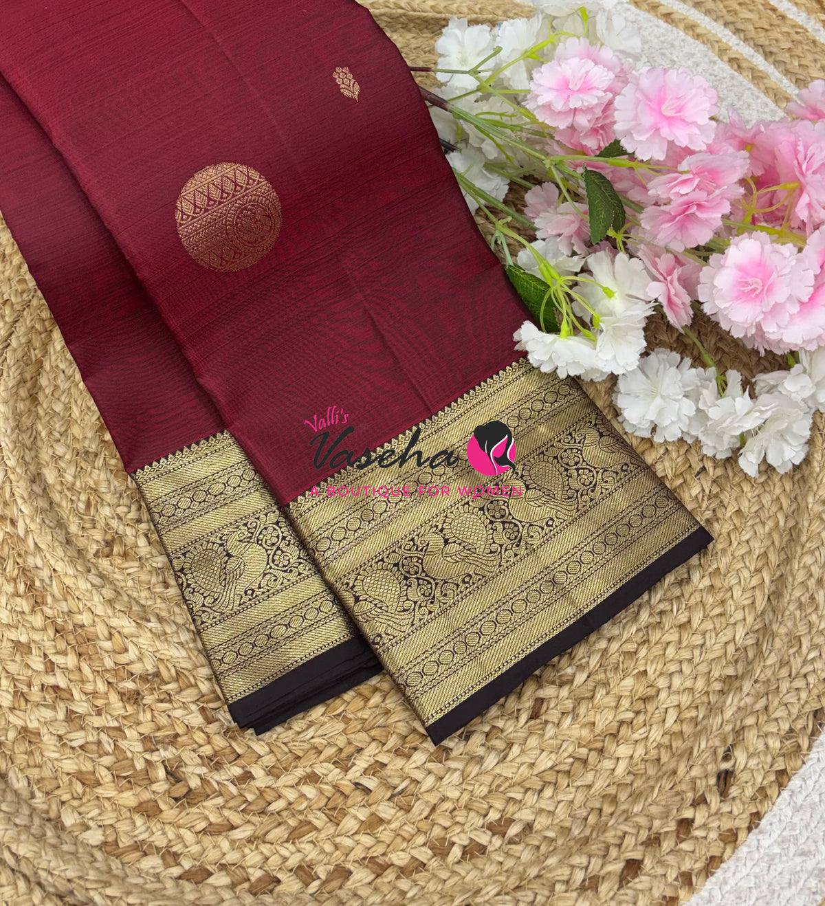 Pure Kanchipuram Silk Saree - Maroon With Brown - VVPS094