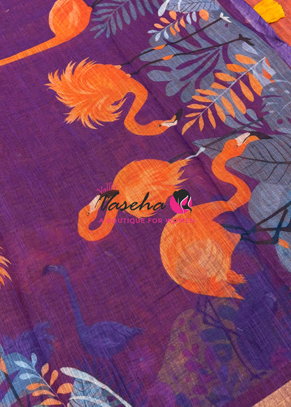 Linen Mixed Cotton Saree - Printed - Purple With Orange Shade - VVLMP002