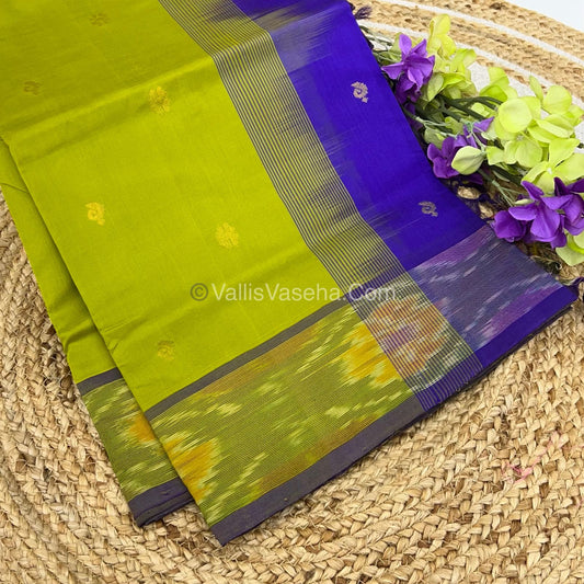 Semi Silk Cotton Saree - Mehndi Green & Blue Combo - VVSSC001