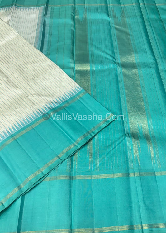 Pure Korvai Kanchipuram Silk Saree - Half White/Cream With Turquoise Blue Combo - VVPS025