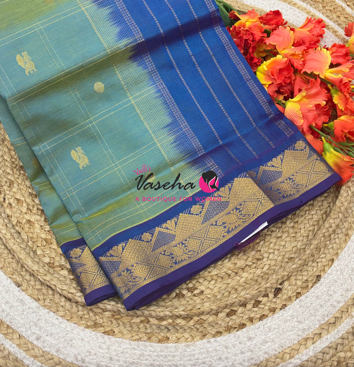 Pure Korvai Silk Cotton - Checks Pattern - Greenish Blue with Blue Shade  - VVKSC035