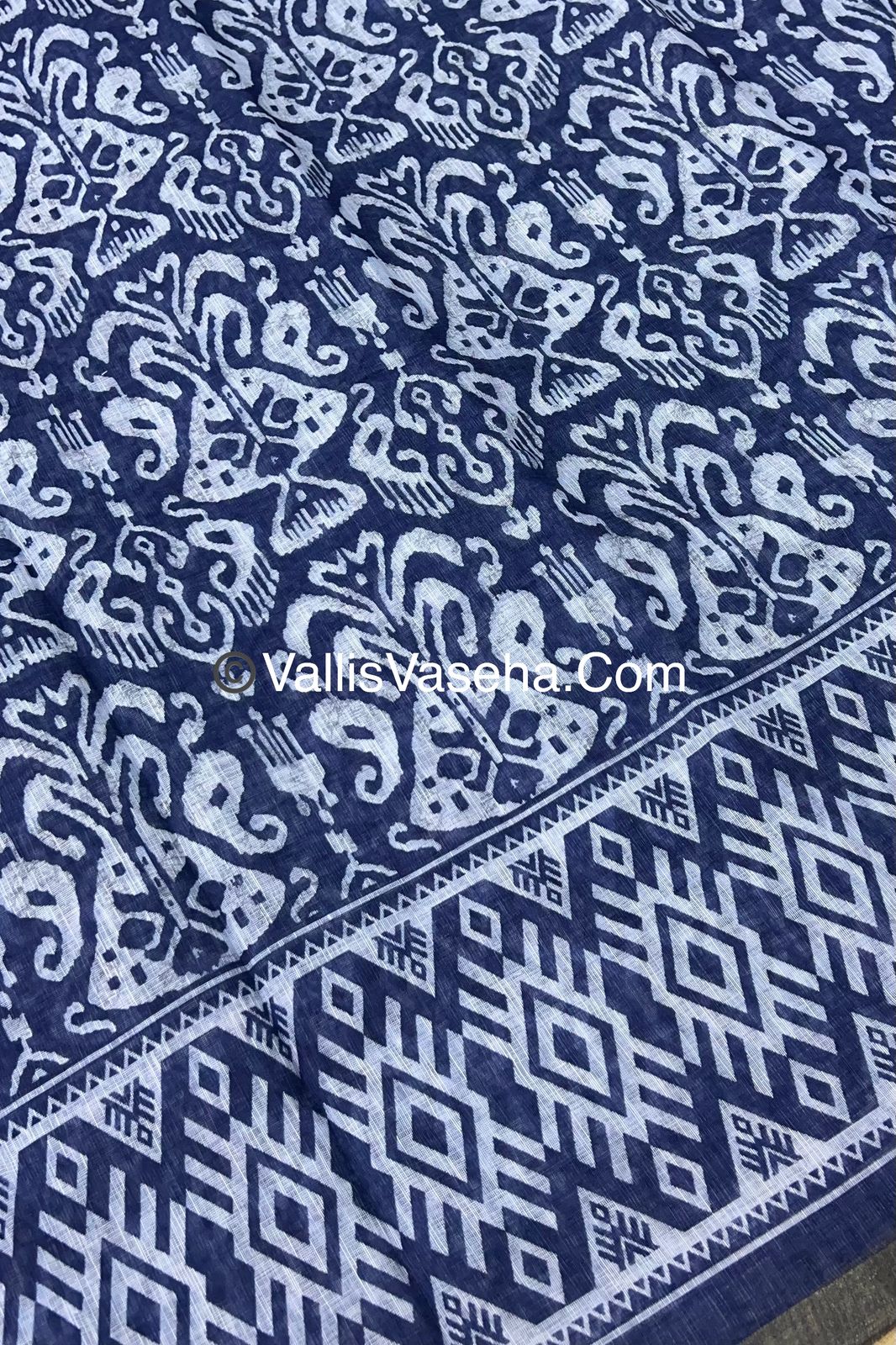 Linen Mixed Cotton Saree - Indigo Blue - Printed - VVLMP001