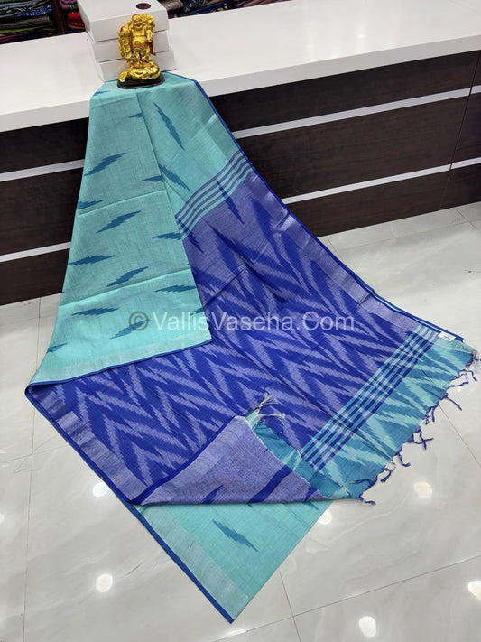 Bhagalpuri Linen Cotton Saree - Ikkat Print - Ramar Blue With Blue  Shade - VVBLC002