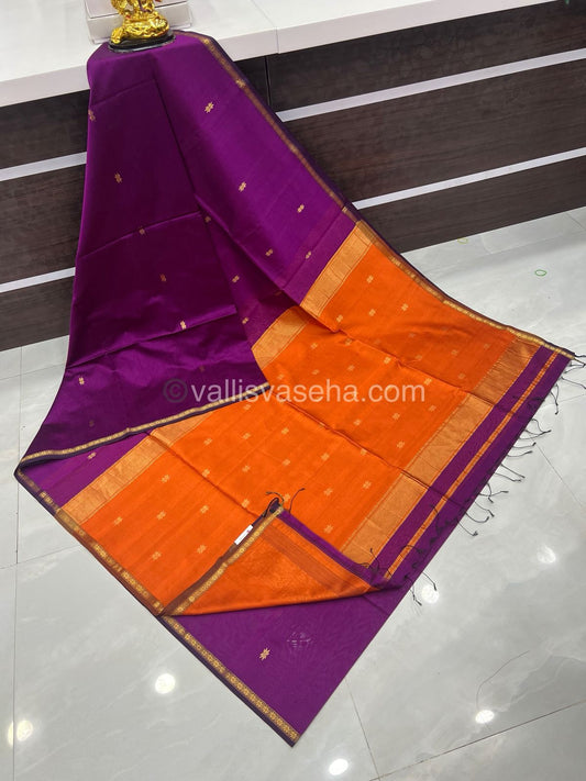 Pure Maheshwari Silk Cotton Saree - Orange & Purplish Pink Color - VVMSC002