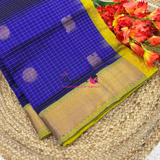 Pure Silk Cotton Saree - Mayil & Chakkaram Design -  Blue  With Yellow Shade  -VVMC002