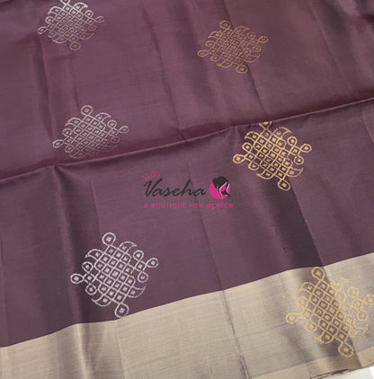 Pure Soft Silk Saree - (1.75 Warp) Kolam Design - Shade Of Brown & Grey Shade - VVPSS074