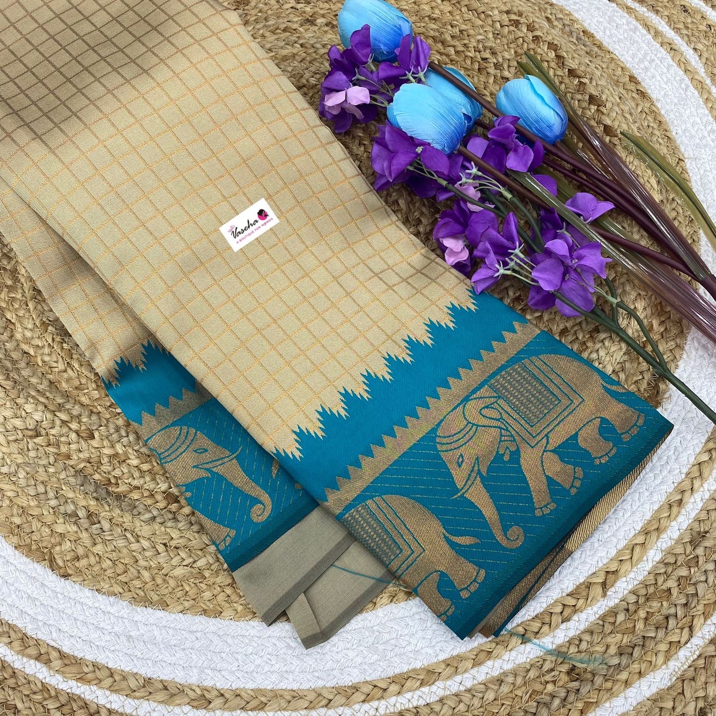 Semi Silk Saree - Kanchi Silk Style - Elephant Border - Cream ( Chikku) with Ramar Bluish Green - VVSSS005