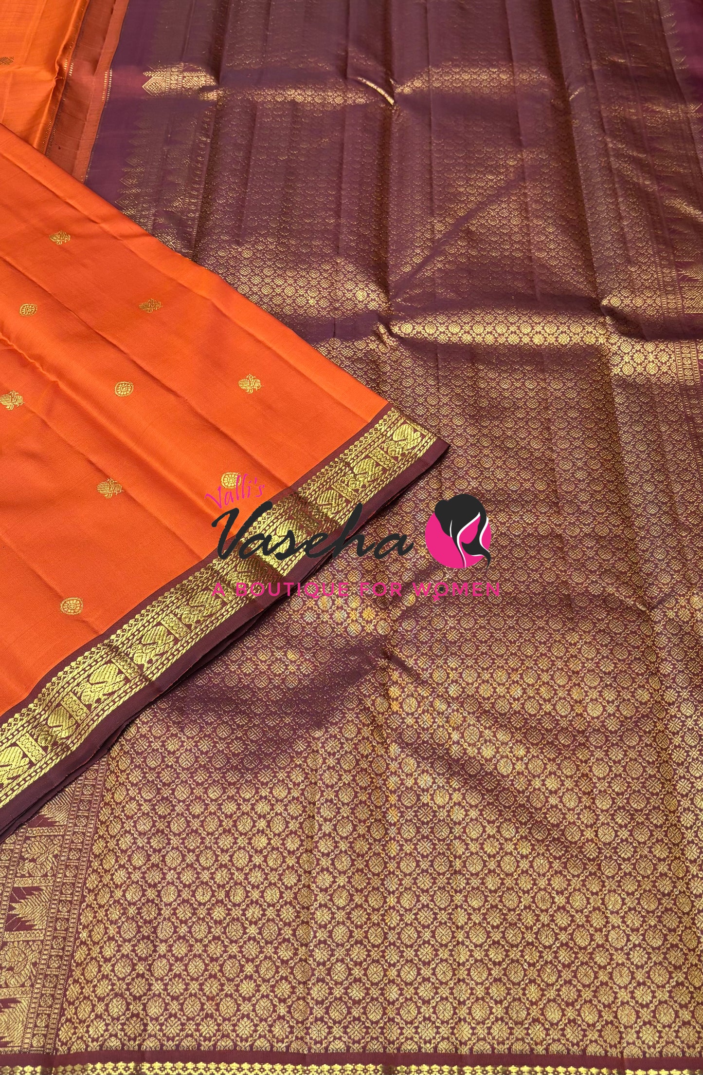 Pure Kanchipuram Silk Saree - Rust Orange & Wine Brown - VVPS086