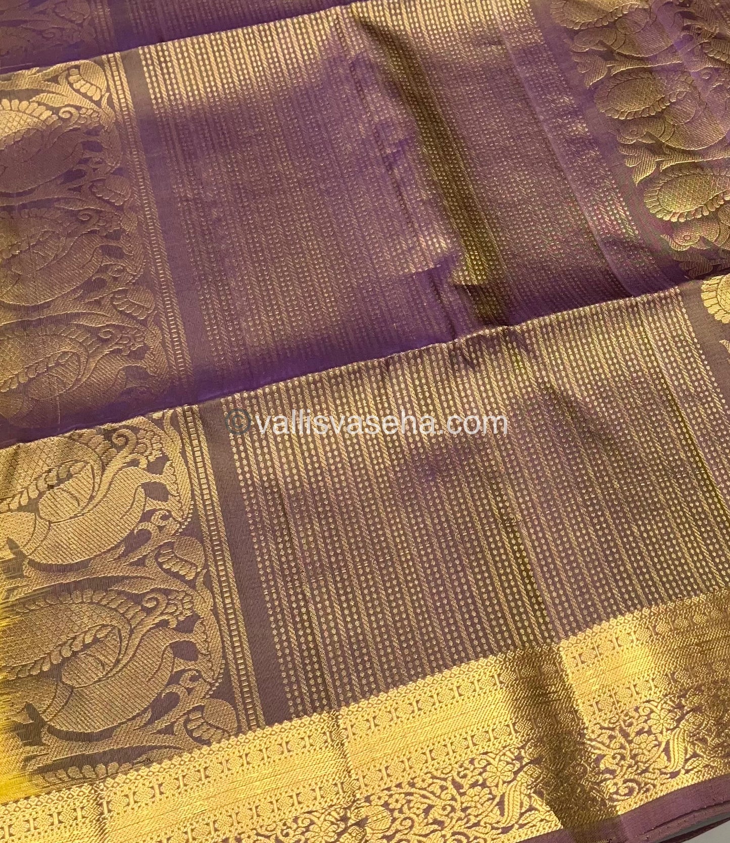 Pure Soft Silk Saree - Kanchi Border - Mustard Yellow & Double Tone Purple Combo - VVPSS046