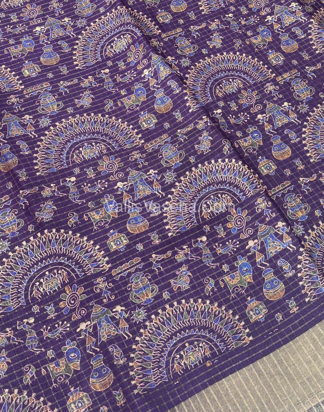 Light Weight Fancy Mixed Kota Cotton - Varli Design Printed Saree - Purple Shade - VVKPC001