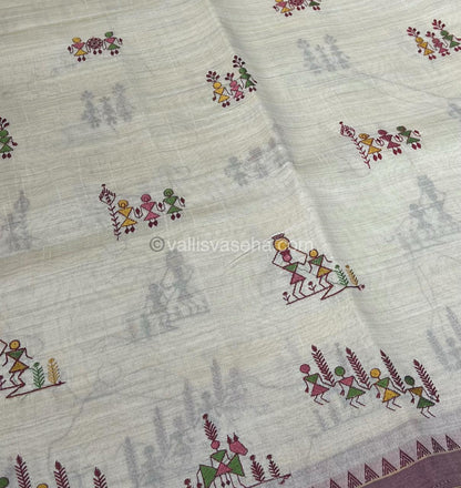 Semi Tussar Embroidery - Cream with Merun Combo - VVSTE001