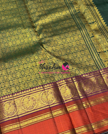 Pure Bridal Kanchipuram Silk Saree - Green & Peach Combo - VVPS074