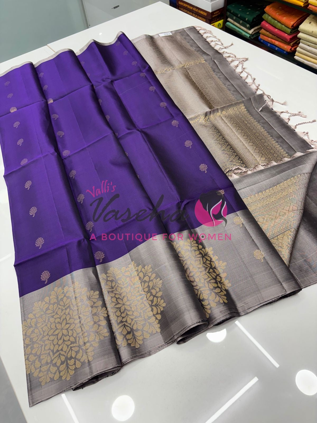 Pure Soft Silk Saree - (1.75 Warp) Shade Of Purple & Grey Combo - VVPSS064