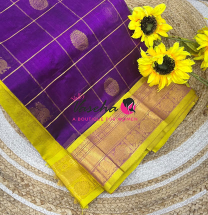 Pure Silk Cotton Saree - Mayil & Chakkaram Design - Purple With Lemon Yellow VVMC001