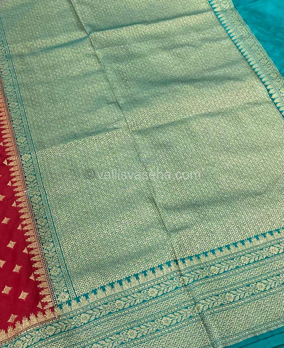 Banarasi - Premium Kathan Silk Saree - Red with Greenish Blue Shade - VVPKS002