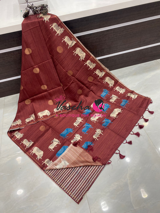 Semi Matka Tussar Saree - Pichwai Design - VVSMT003