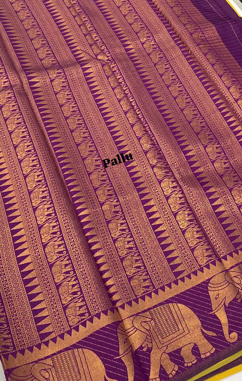 Semi Silk Saree - Kanchi Silk Style - Elephant Border - Yellow with Purple - VVSSS005