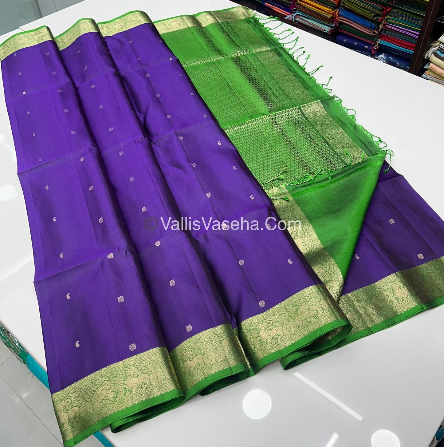 Pure Soft Silk Saree - Dark Purple & Green Combo - VVPSS048