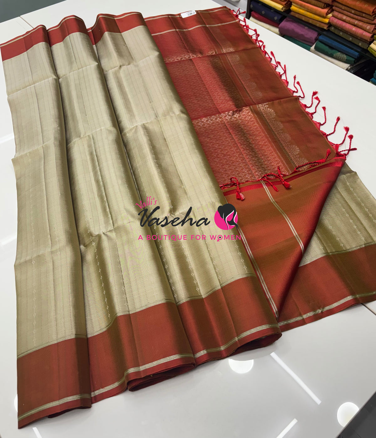 Pure Soft Silk Saree - Cream & Rust Orange Shade - VVPSS127