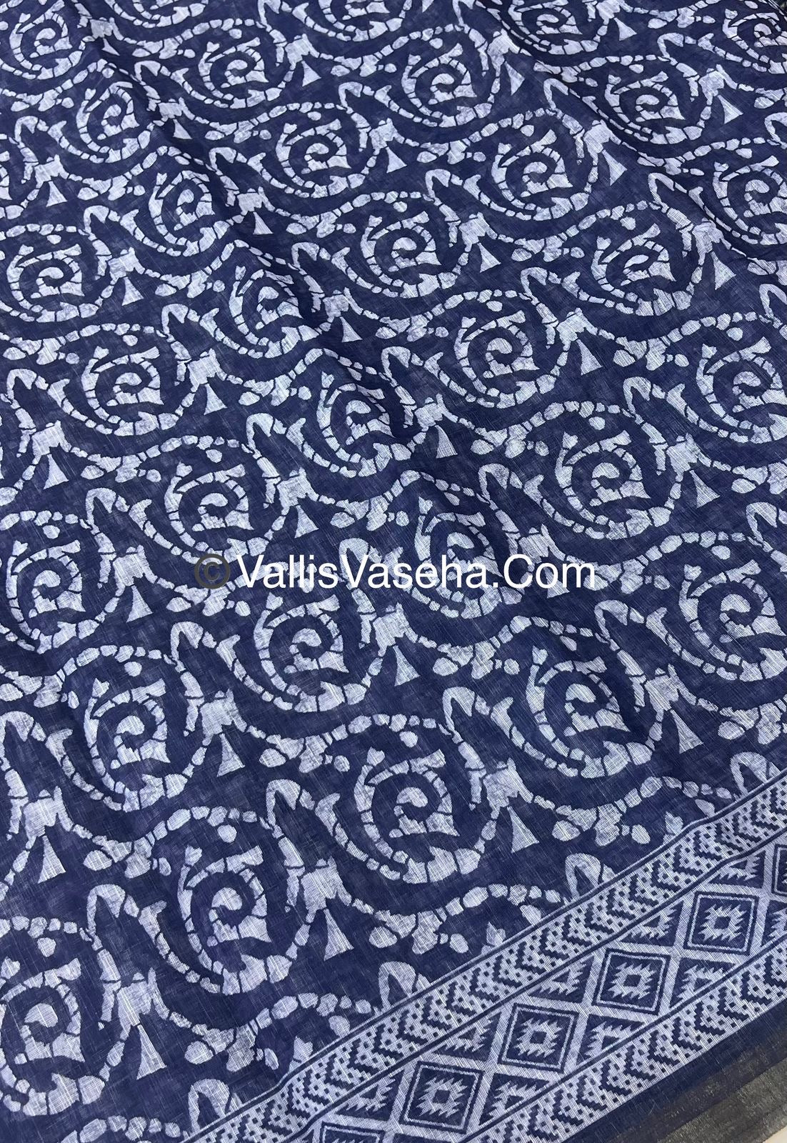 Linen Mixed Cotton Saree - Indigo Blue - Printed - VVLMP001