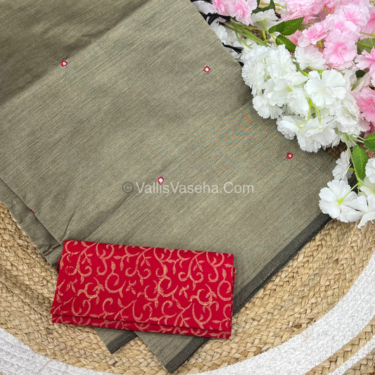 South Mixed Cotton - Mirror Work Embroidery - Grey ( Cement Colour )with Red - VVPCM002
