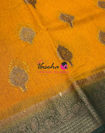 Bamboo Silk Saree - Yellow With Green  - VVBSS019