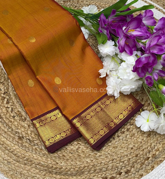 Pure Kanchipuram Silk Saree -Retta Petta Border - Golden Rust Mixed Yellow with Merun (Wine mixed) Shade - VVPS005