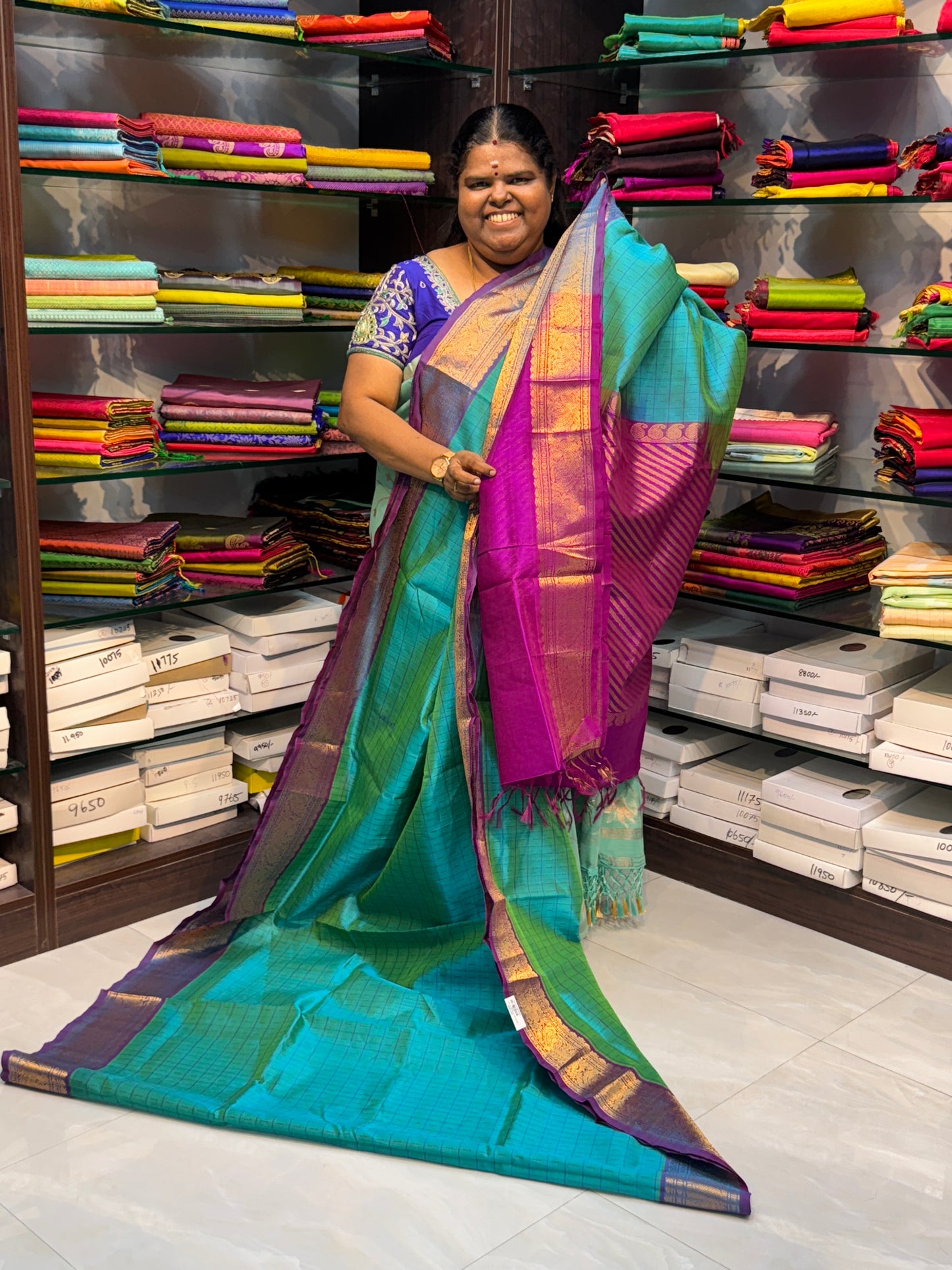 Pure Silk Cotton Saree - Double tone Blue shade with Purple - Lakshadeepam Design - VVPLD001