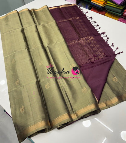 Pure Soft Silk Saree  - Greyish Green With Wine Combo - VVPSS150