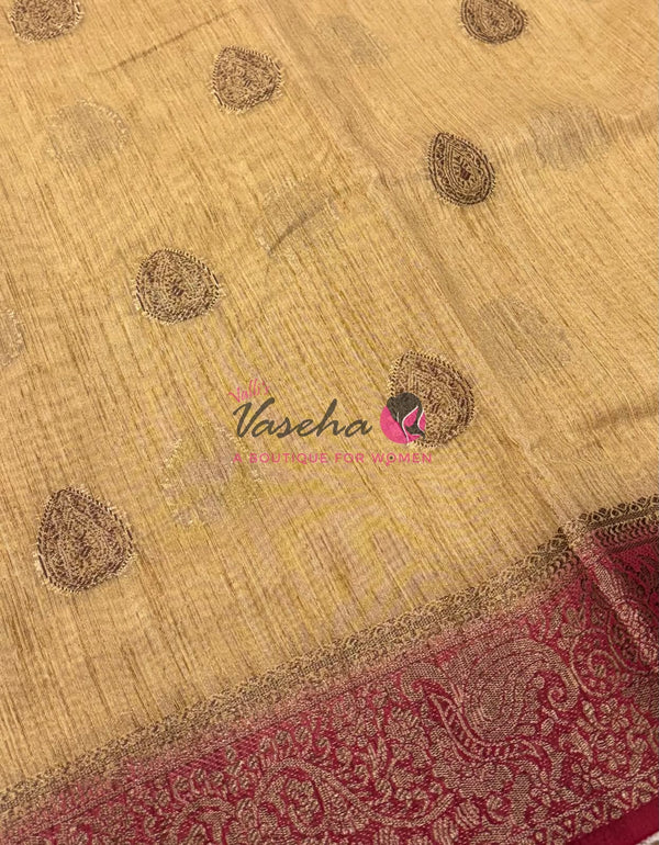 Bamboo Silk Saree- Cream with Maroon Shade - VVBSS016