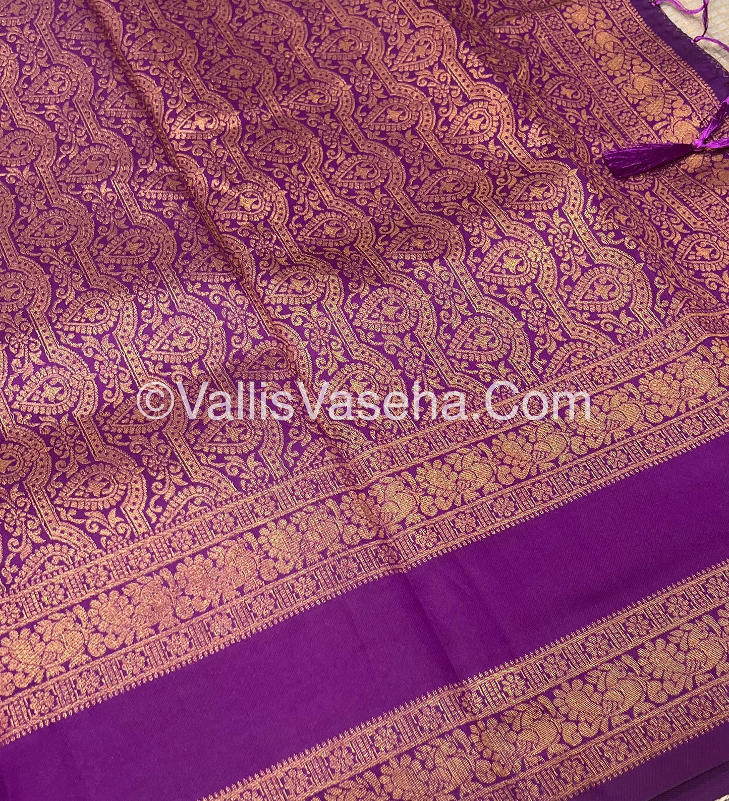 Kanchi Semi Silk With Tassels - Mayil & Chakkaram Design - Creamish Grey with Purple - VVKSS004