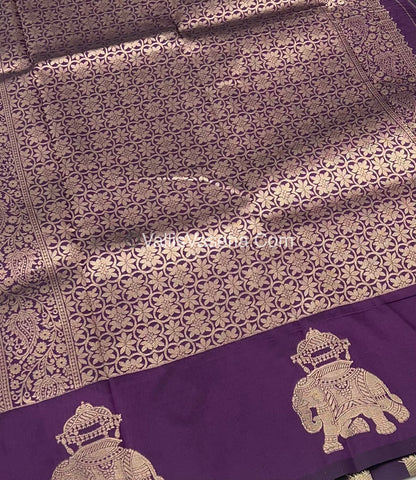 Semi Soft Silk - Elephant Butta Border - Dark Purple Shade -VVSSS011