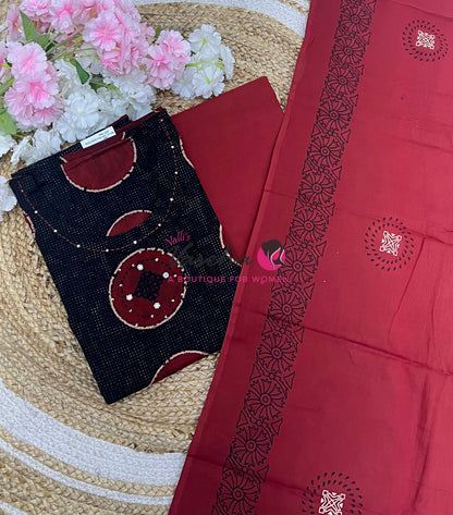 Unstitched Soft Cotton Material | Black With Maroon | VVUSM044