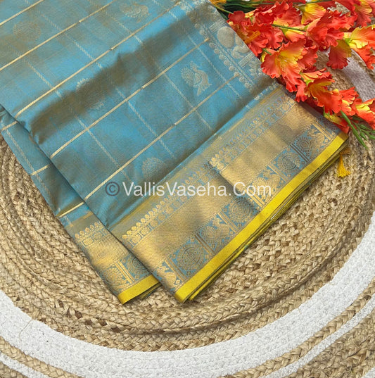 Pure Silk Cotton Saree - Mayil & Chakkaram Design - Double Tone  Greyish Blue - VVMC001