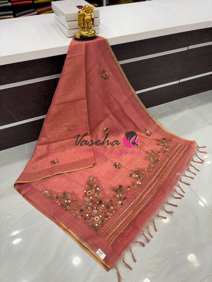 French Knot - Linen Tissue Saree - Peach Shade - VVLFN018